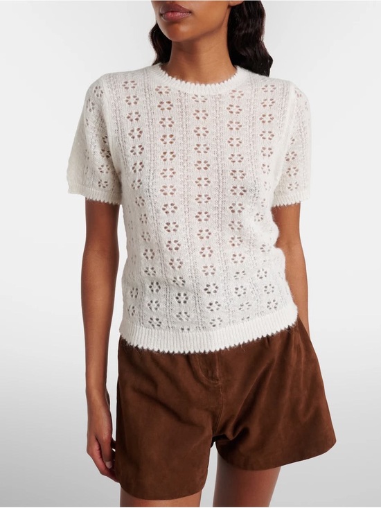 Doen Sweaters - DÔEN Monica Alpaca Wool Pointelle Short Sleeve Sweater - Ivory/Swan XS